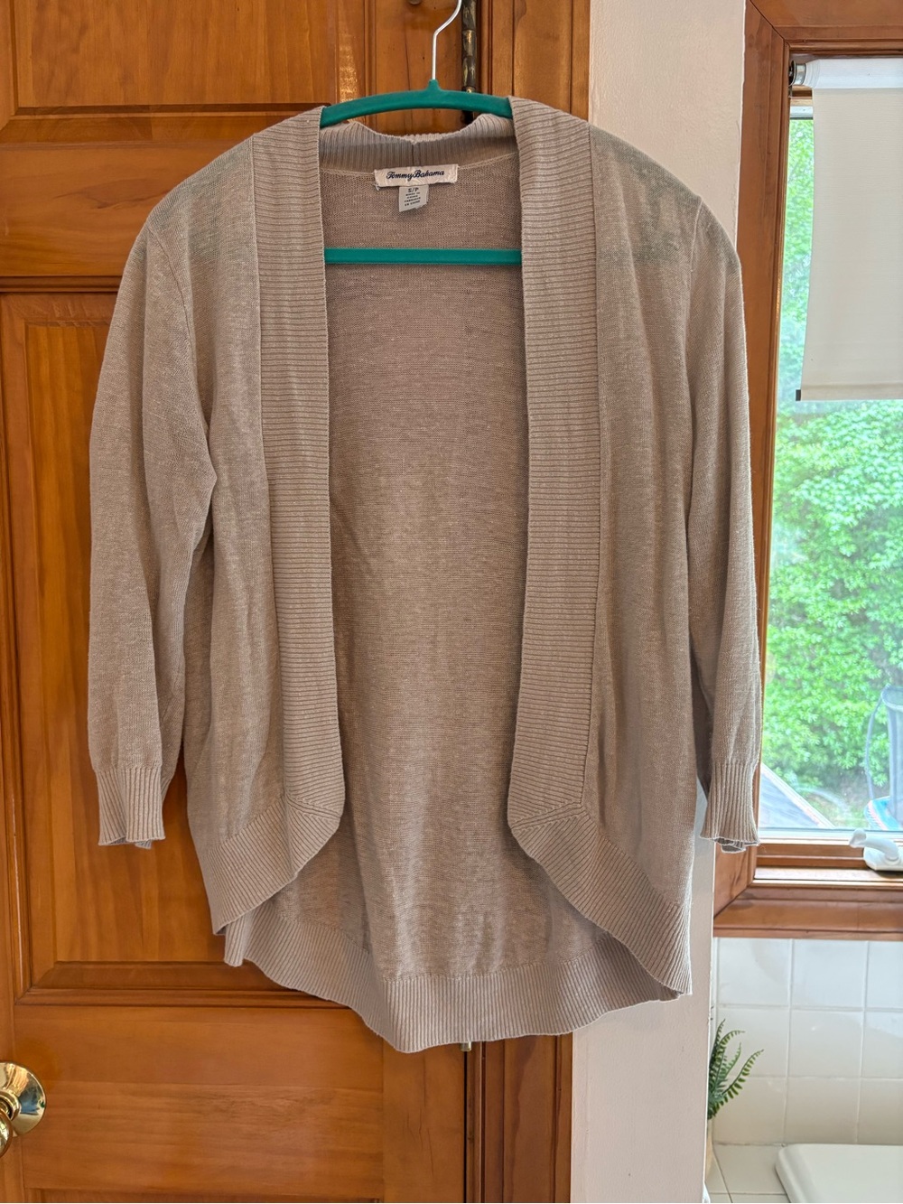 Tommy Bahama Taupe Open-Front Draped Linen Cardigan
